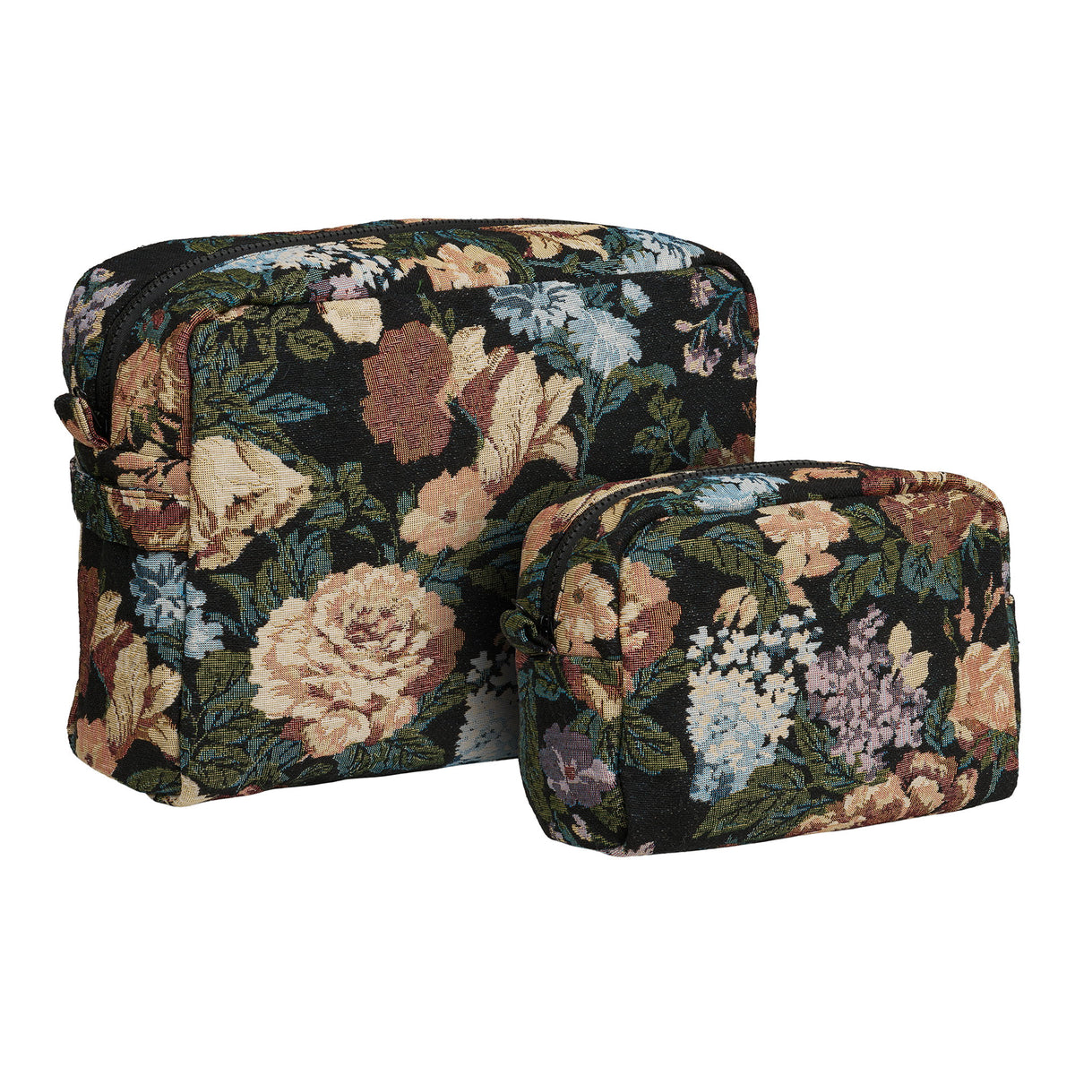 Les deux trousses de toilette Zoe au motif fleuri sur fond noir vues de trois quarts sur fond blanc