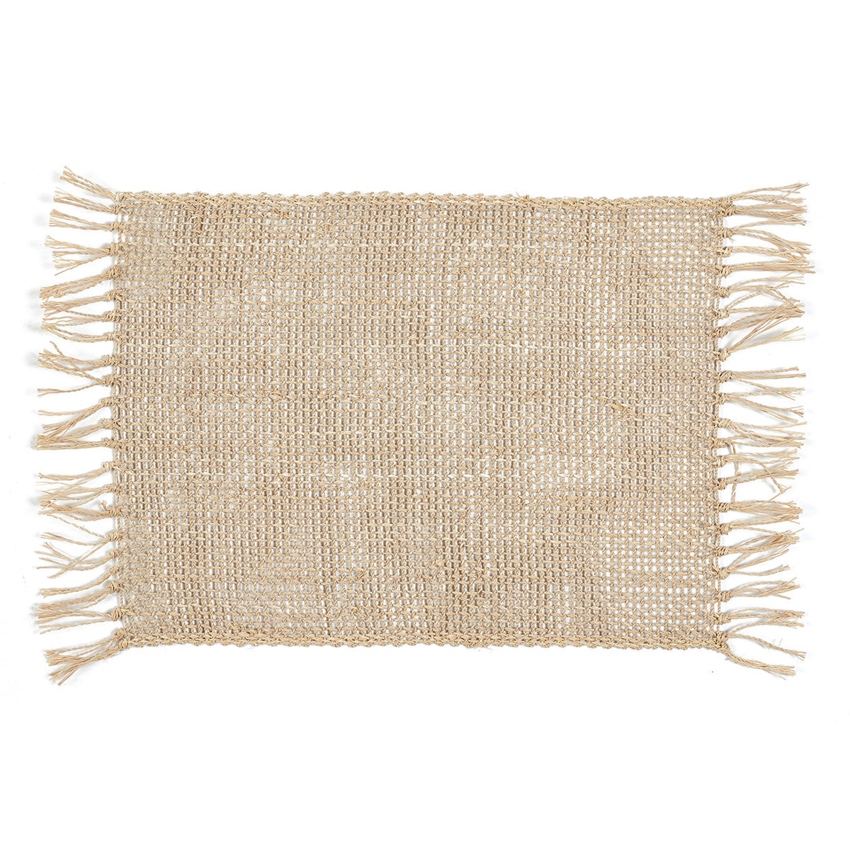 Set de table rectangulaire Isey en jonc de mer ajouré vu de dessus avec ses franges nouées