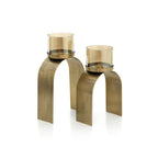 Set de deux bougeoirs arche en laiton et verre fumé