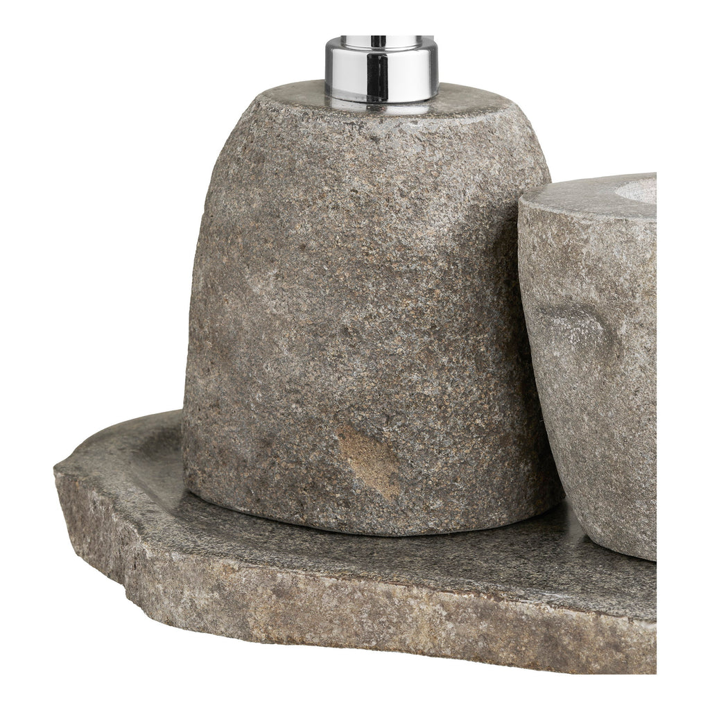 Détail distributeur savon pierre rivière pompe chromée plateau set Gara