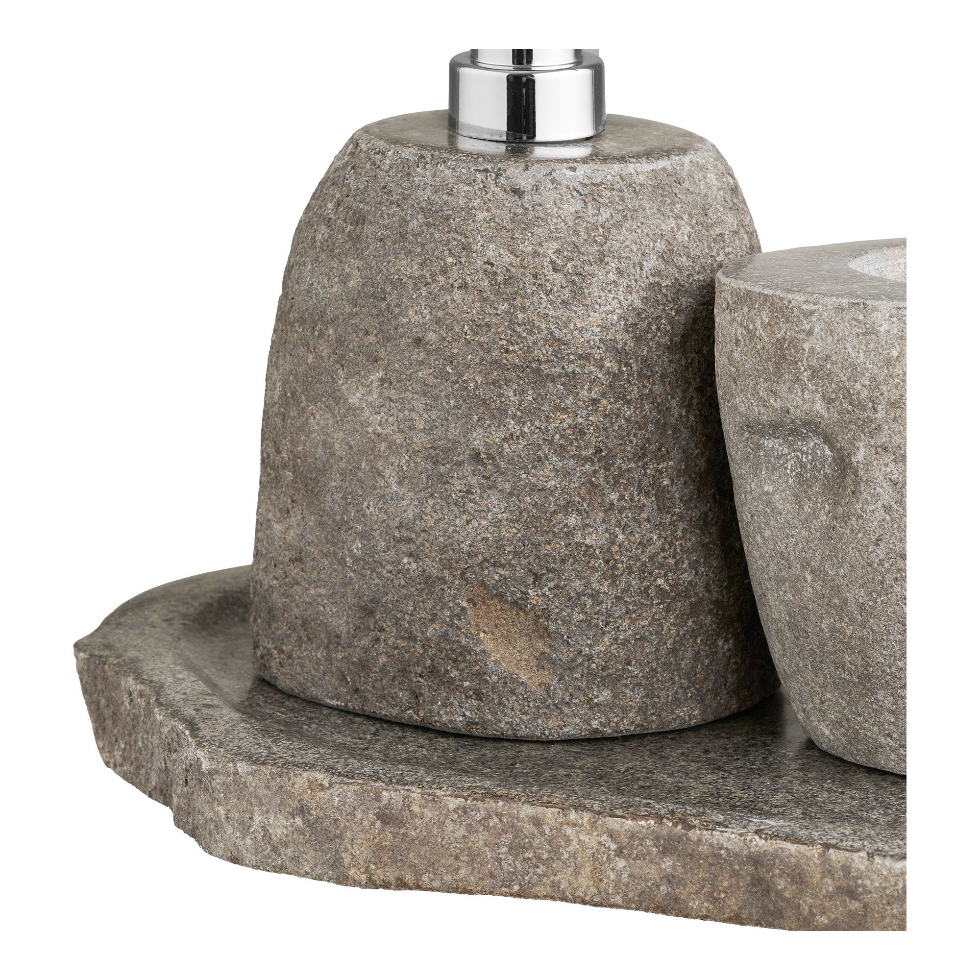 Détail distributeur savon pierre rivière pompe chromée plateau set Gara