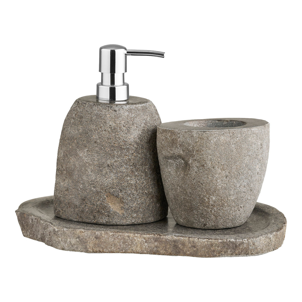 Set salle de bain Gara pierre rivière naturelle distributeur gobelet plateau vue ensemble