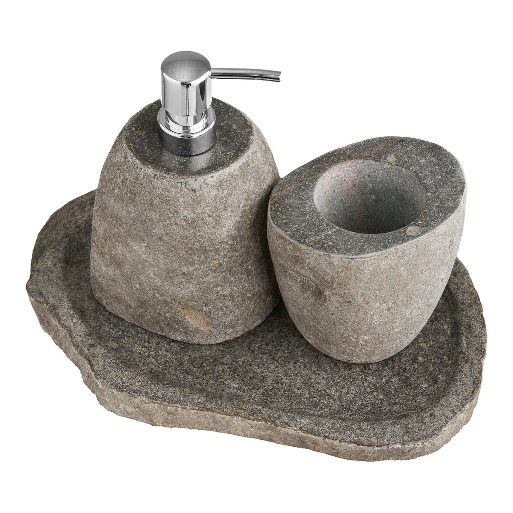 Set Gara pierre naturelle gris distributeur savon gobelet plateau vue trois quarts