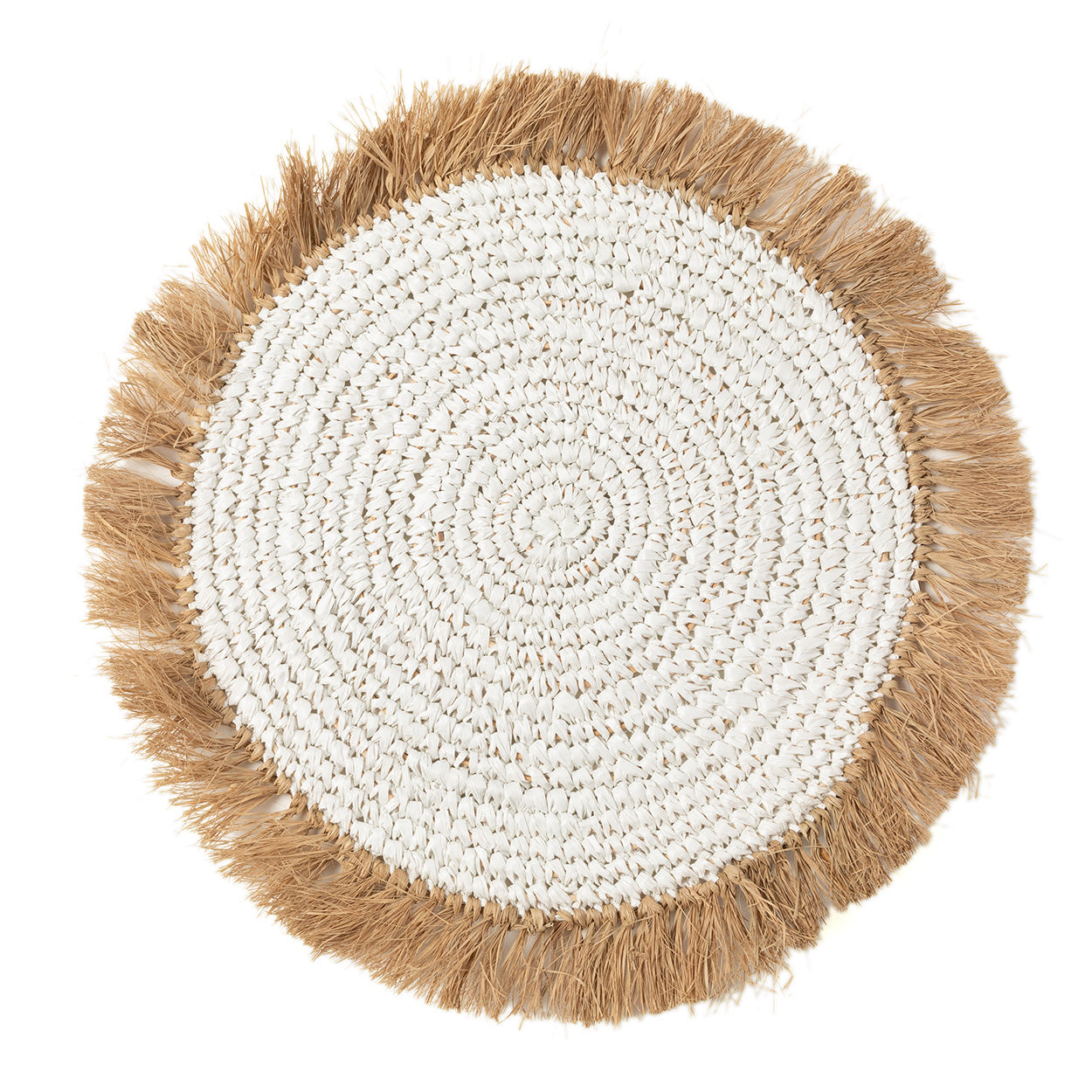 Set de table rond crocheté blanc à frange de raphia 45 cm