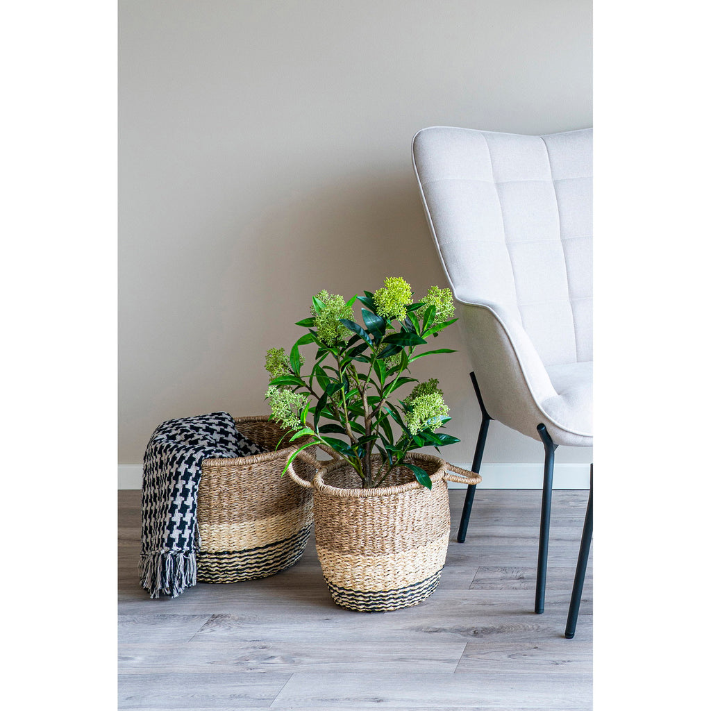 Skimmia artificiel vert dans panier seagrass bicolore naturel-noir au sol salon avec fauteuil gris clair