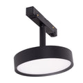 Spot disque sur rail Magnetic noir à face diffusante blanche porté par sa tige sous son adaptateur à contacts