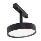 Spot disque sur rail Magnetic noir à face diffusante blanche porté par sa tige sous son adaptateur à contacts