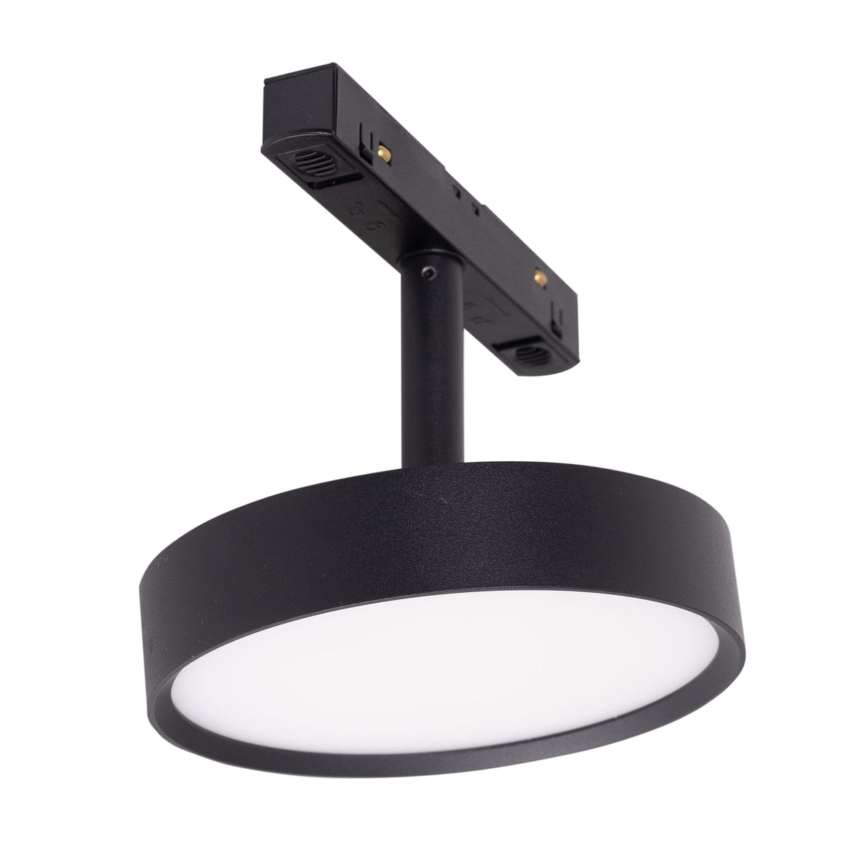Spot disque sur rail Magnetic noir à face diffusante blanche porté par sa tige sous son adaptateur à contacts