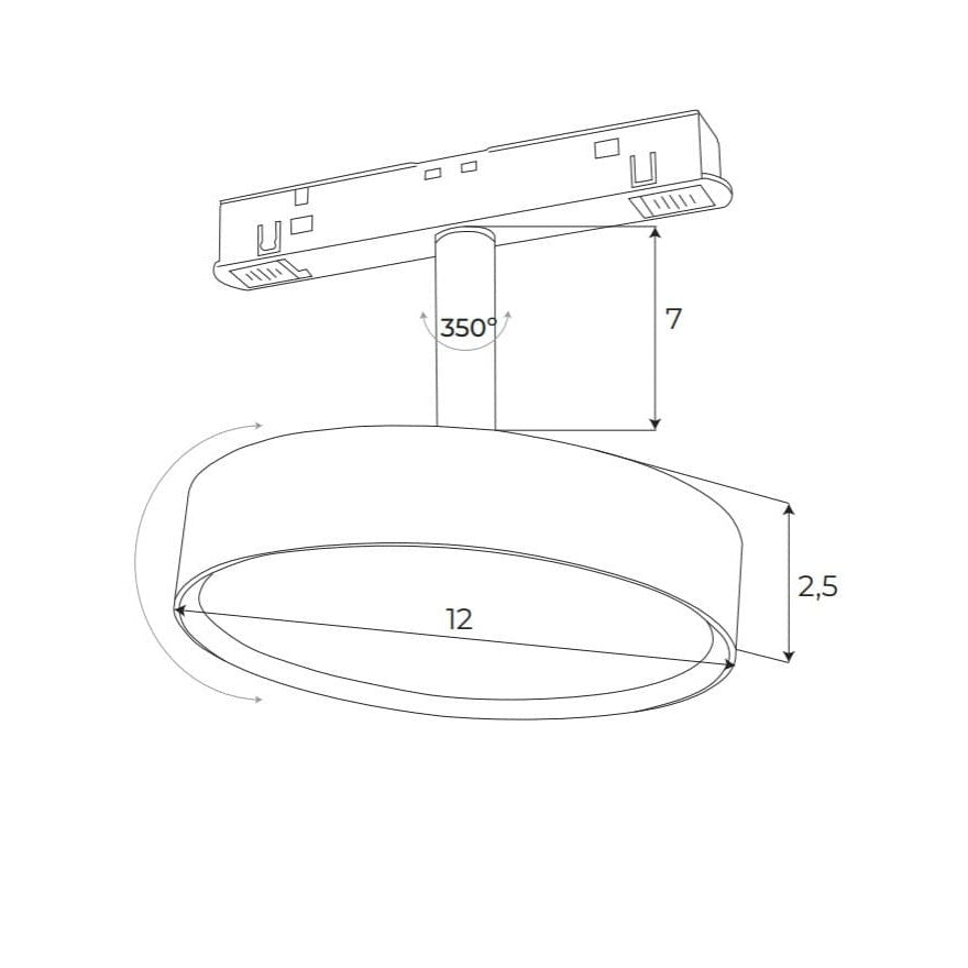 Schéma coté du spot disque Magnetic avec le diamètre de 12 cm la tige de 7 cm et la rotation sur 350 degrés