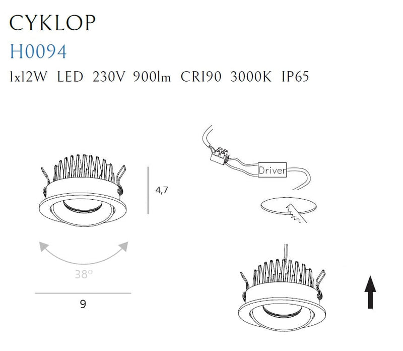 Dimensions Spot encastré Cyklop noir 3000 K
