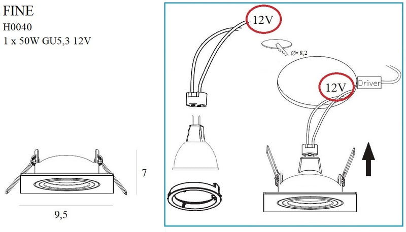 Dimensions Spot encastré Fine carré acier brossé GU10