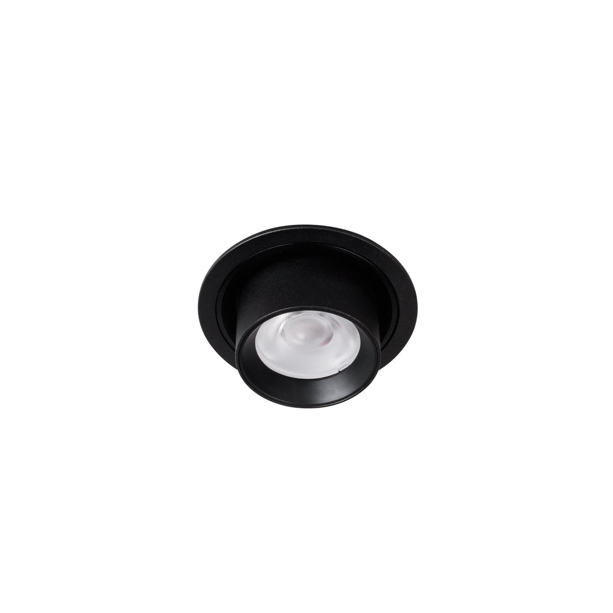 Spot encastré Halo métal noir ø 85 mm vu par-dessous avec sa collerette ronde et sa LED au fond du tube