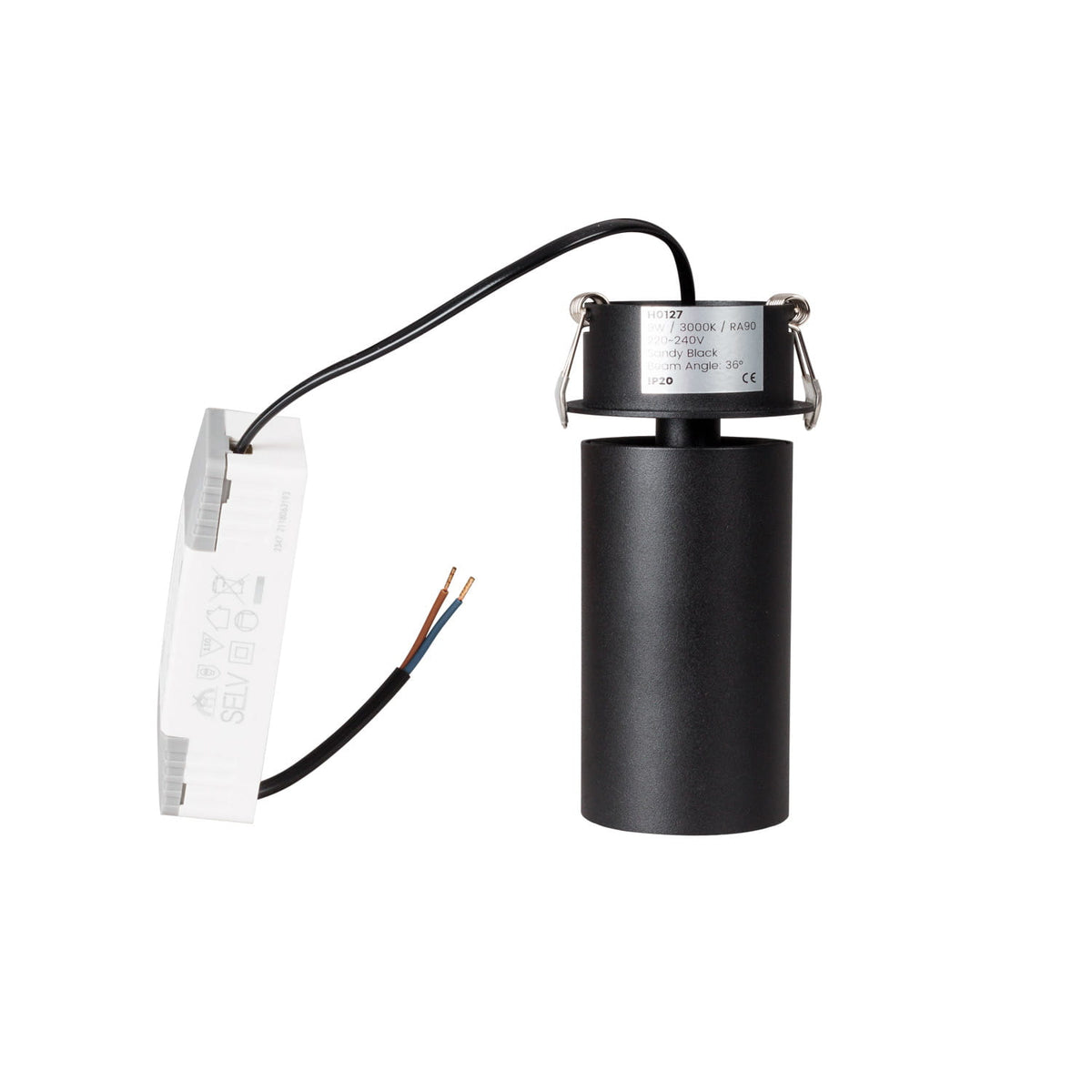 Spot encastré Halo 9 W métal noir avec son étiquette H0127 ses ressorts et son boîtier d'alimentation