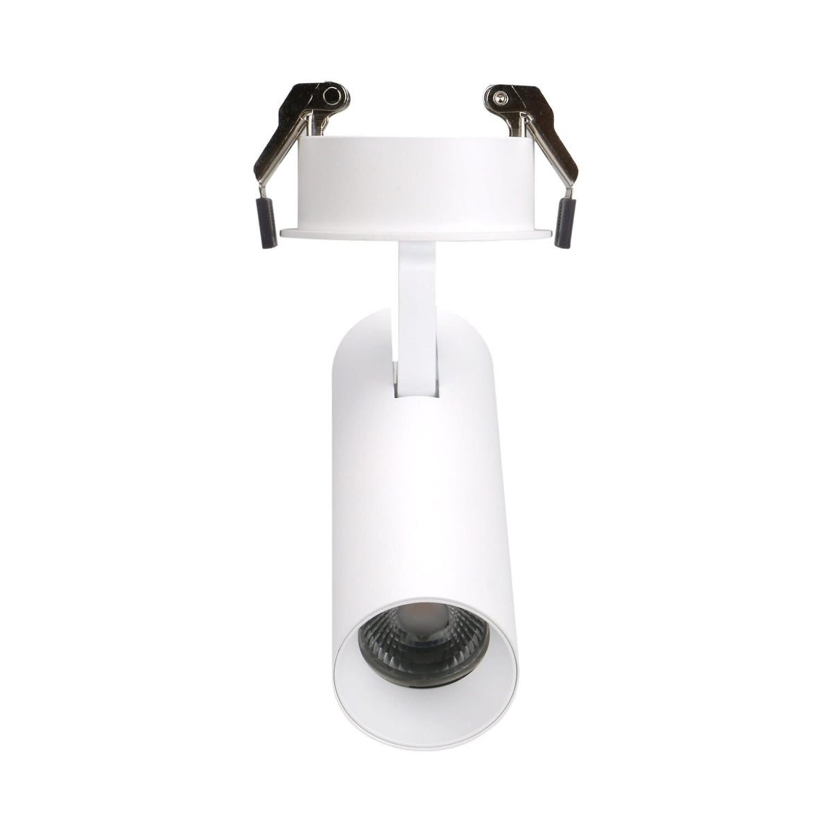 Spot encastré Shinemaker blanc vu de face tube dirigé vers l'avant et réflecteur visible