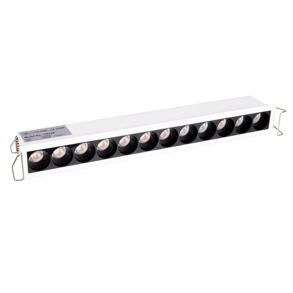 Spot encastré X-Line barrette 24 cm blanc vu de trois quarts avec ses ressorts de fixation