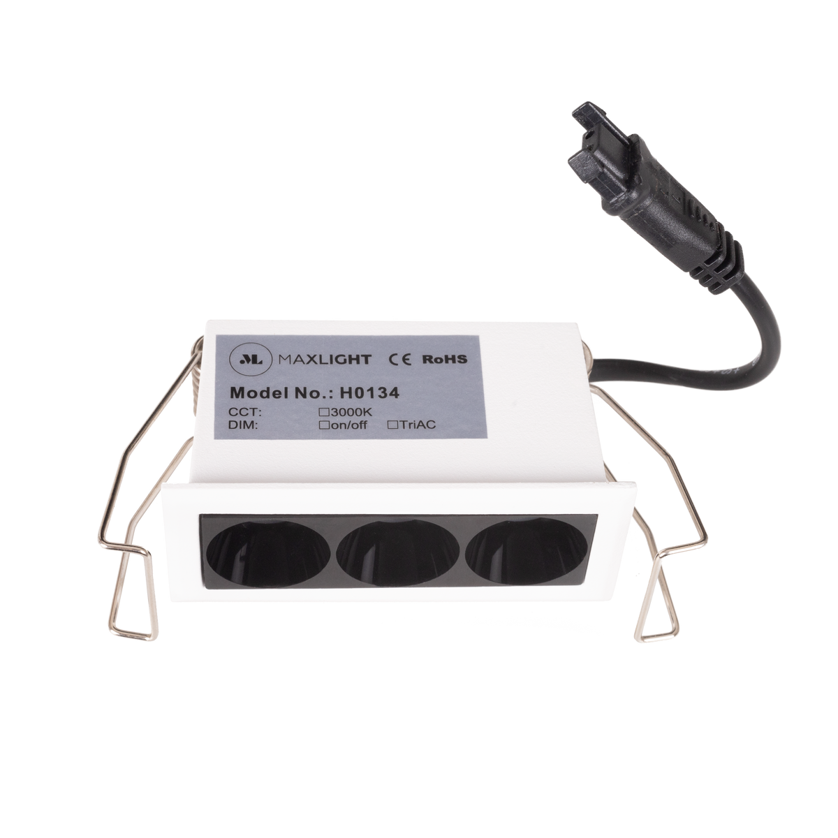 Spot encastré X-Line 3 cellules avec son boîtier blanc ses ressorts de fixation et son câble à connecteur