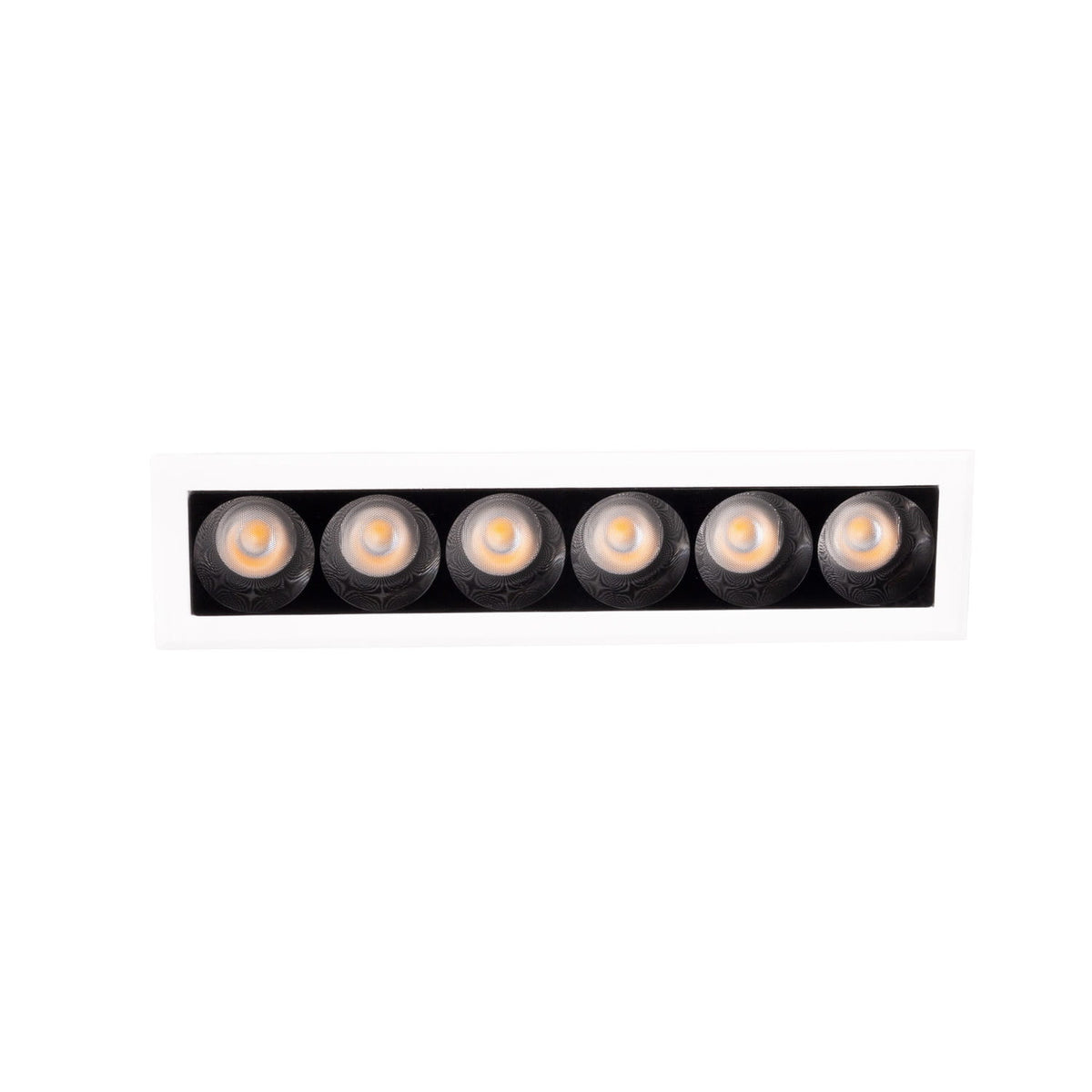 Spot encastré X-Line barrette vu de face six cellules et leurs LED dans un cadre en aluminium blanc
