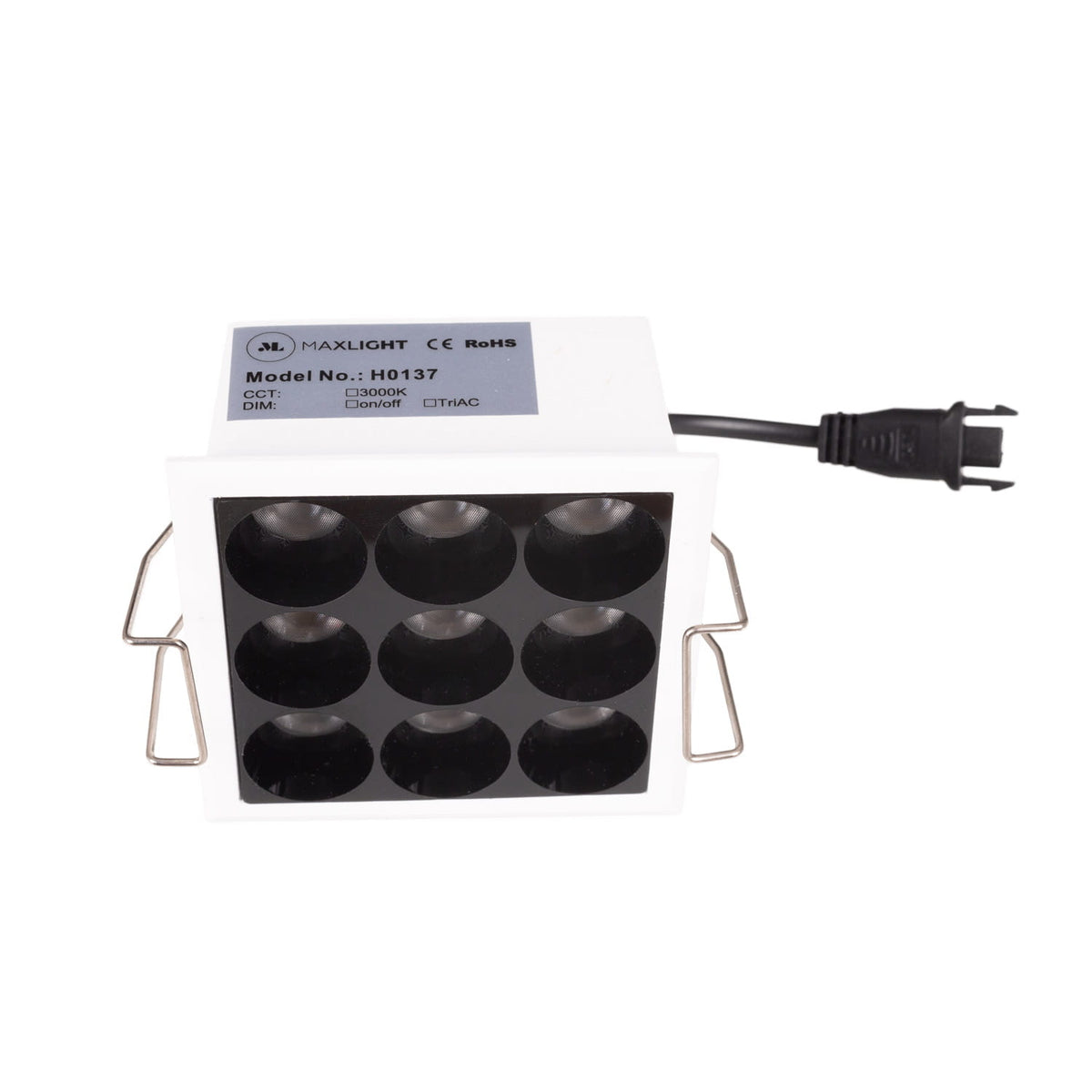 Spot encastré X-Line 9 cellules blanc avec ses ressorts de fixation et son câble à connecteur