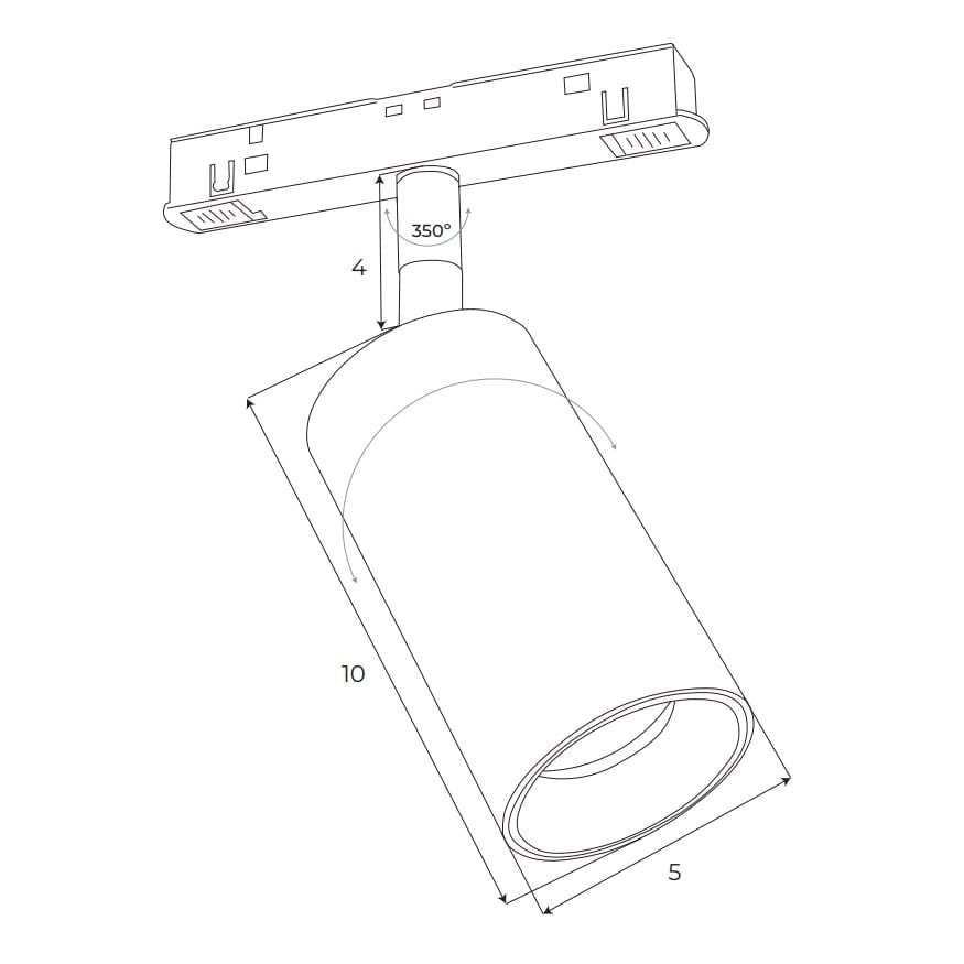 Schéma coté du spot Magnetic corps de 10 cm diamètre de 5 cm tige de 4 cm et rotation de 350 degrés