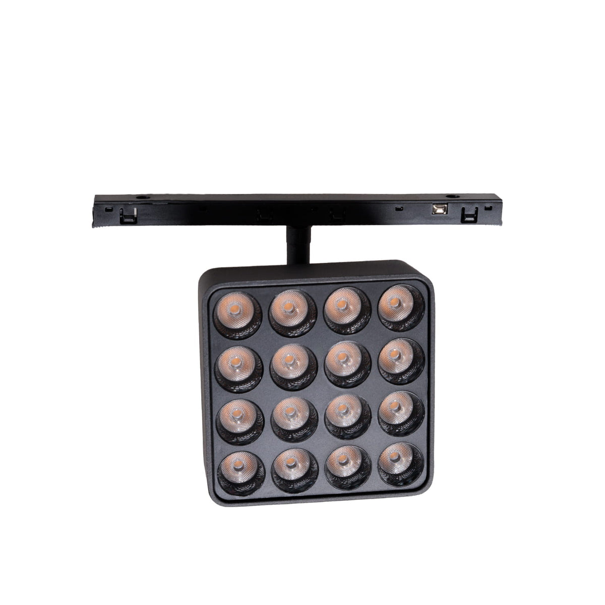 Spot carré Micro11 noir avec son embase aimantée vu de face