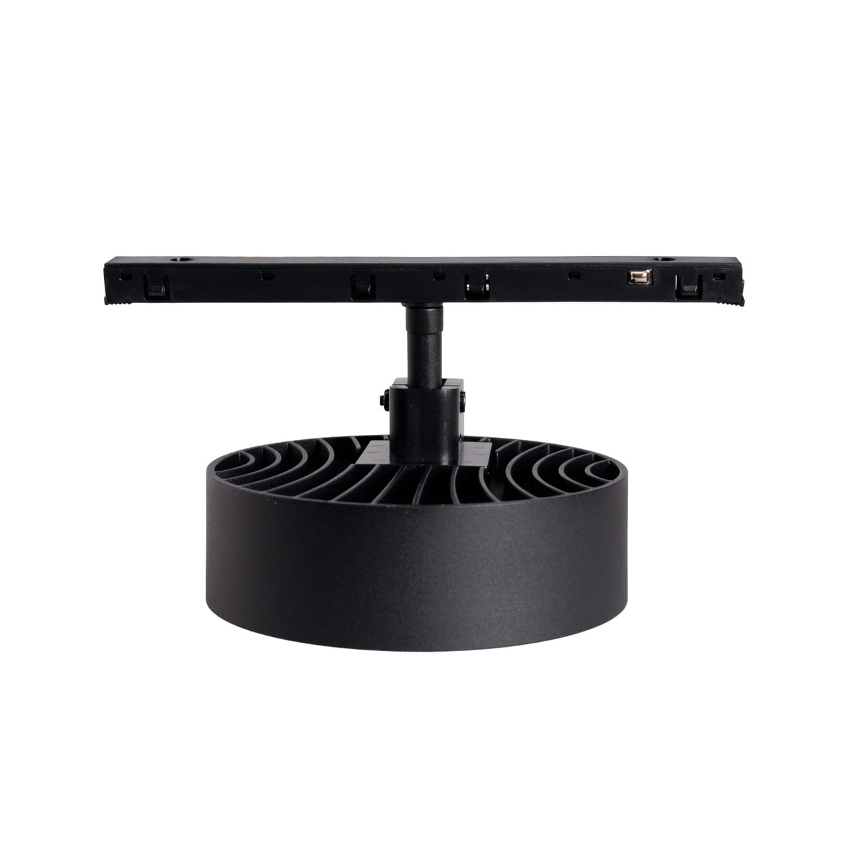 Spot Micro11 rond noir vu de profil avec son support à contacts son étrier et son dos à ailettes