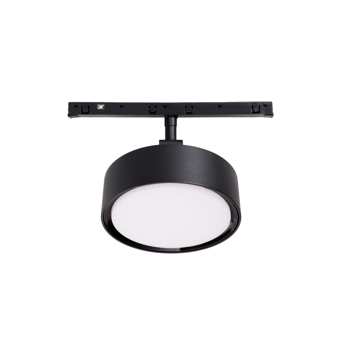 Spot Micro11 rond opale noir connecté Zigbee seul tête tournée vers le bas sous son support à contacts