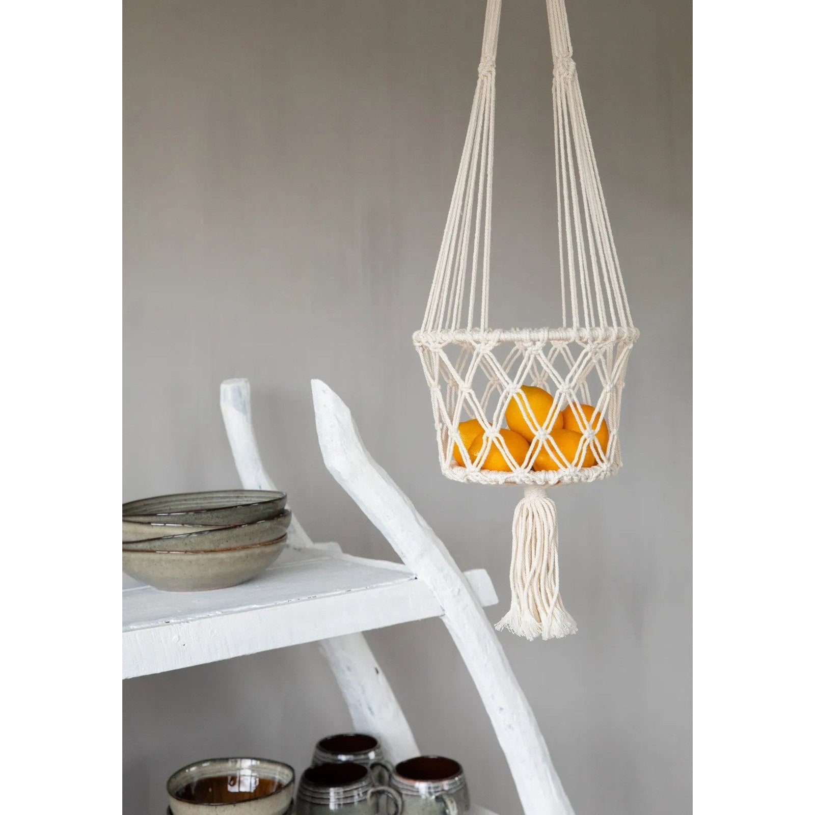 Support de plante suspendu en macramé blanc 110 cm, vue 5