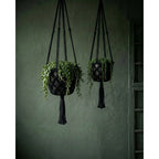 Support de plante suspendu en macramé noir 100 cm en situation