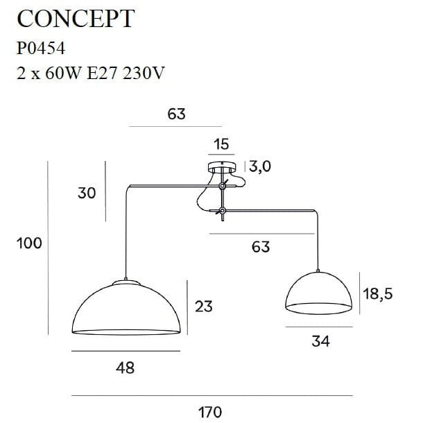 Dimensions Suspension 2 bras Concept dômes en résille 170 cm E27