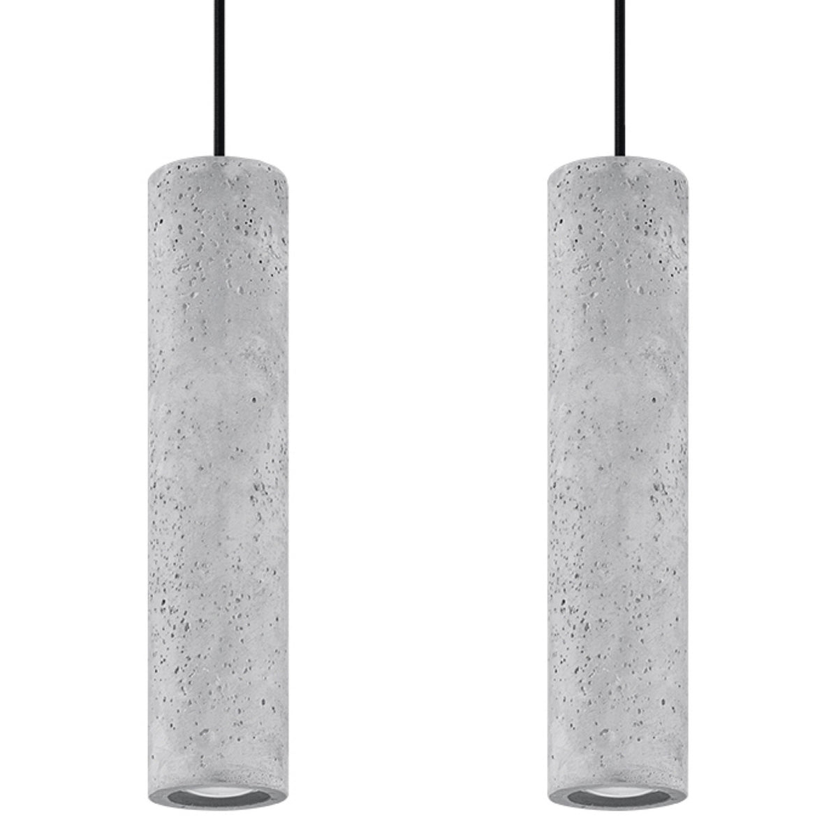 Deux tubes de la suspension Luvo en béton gris clair vus de près avec leurs câbles noirs et leurs ouvertures basses