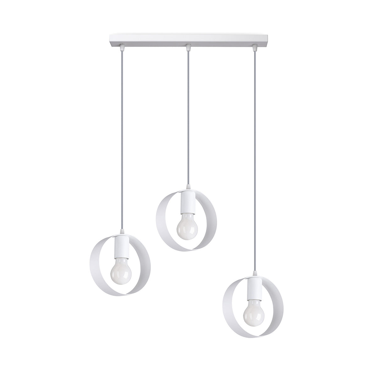 Suspension Titran acier blanc trois anneaux à hauteurs décalées sous une barre ampoules apparentes