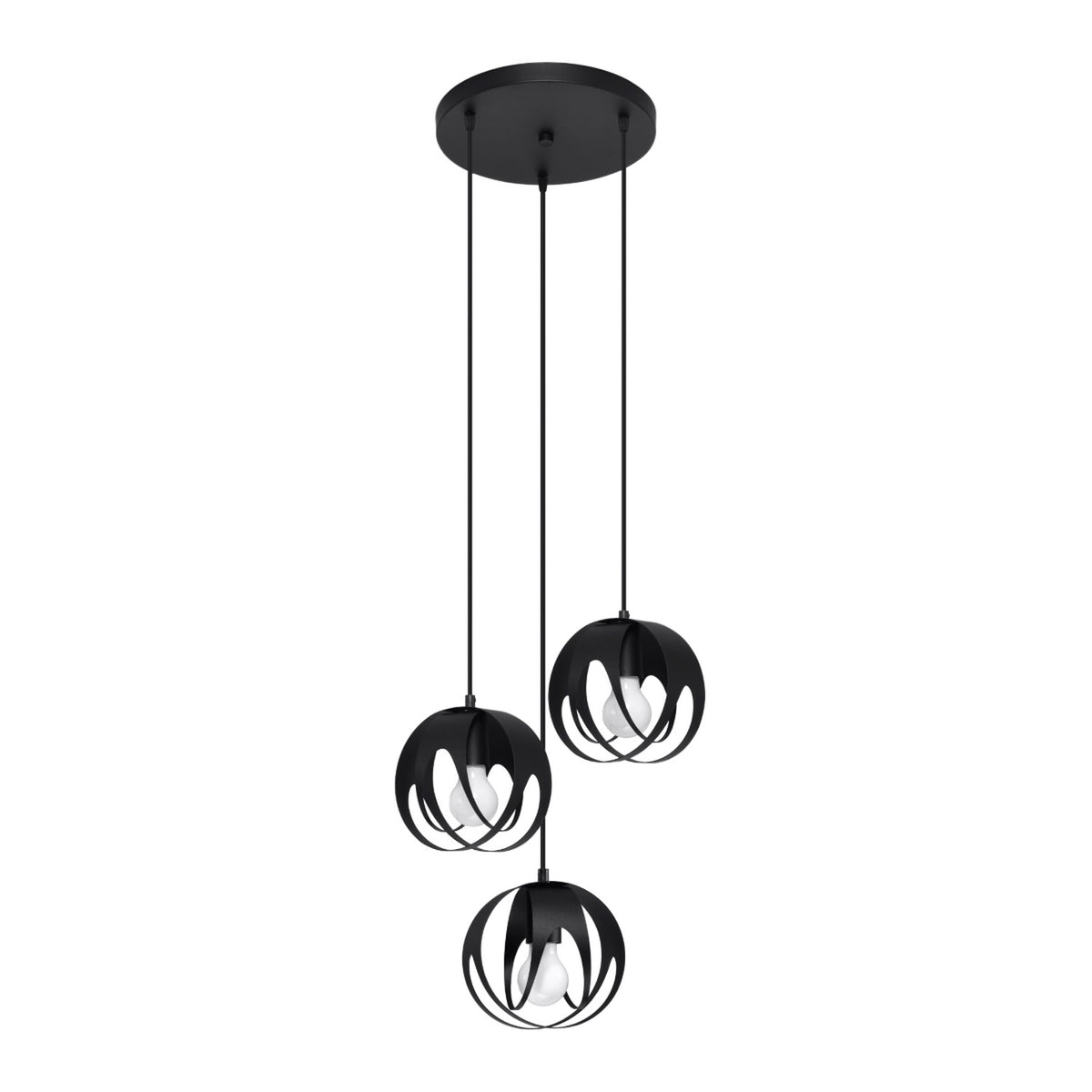 Suspension Tulos en grappe Métal noir trois boules ajourées sous une rosace ronde ampoules visibles