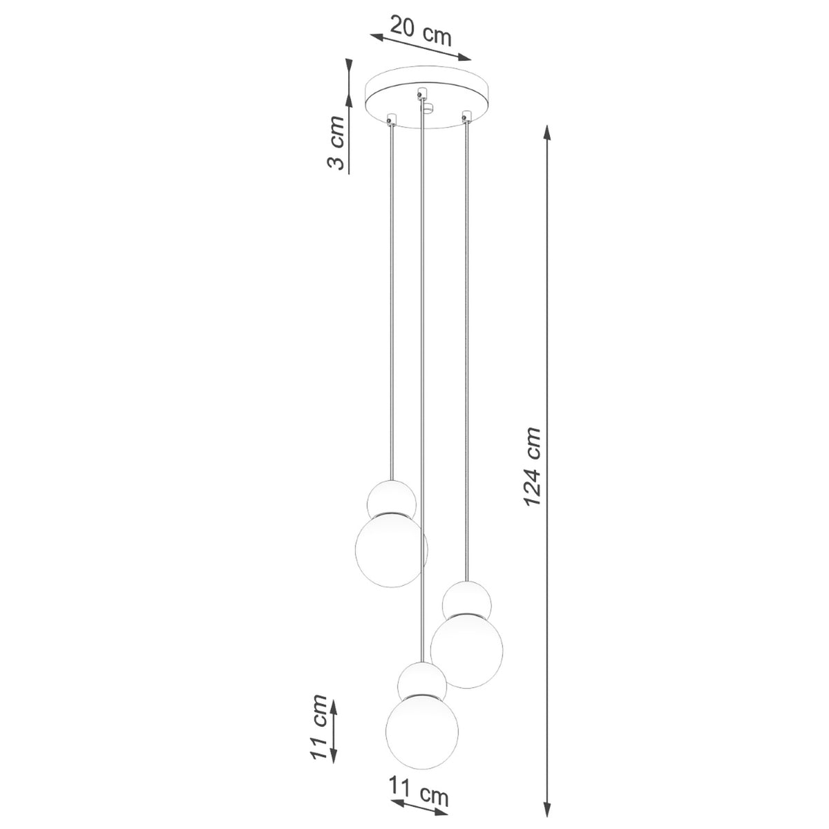 Schéma coté suspension Pekka en grappe hauteur 124 cm rosace 20 cm globes 11 cm