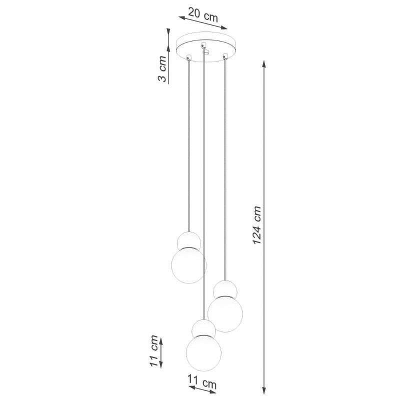 Dimensions Suspension 3 boules en grappe Pekka verre opale et bois G9