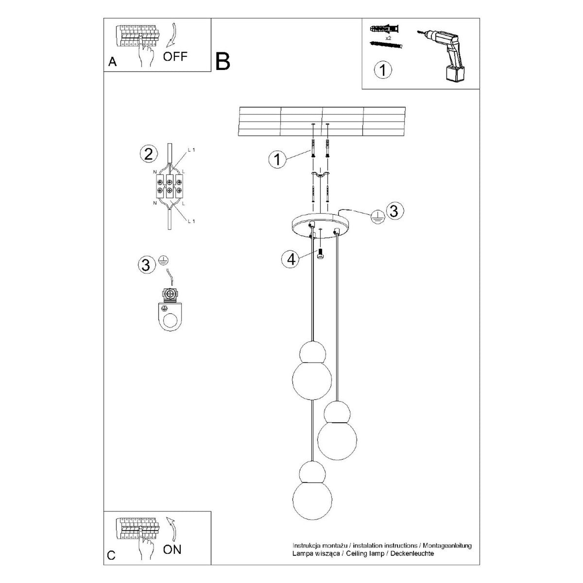 Schéma de montage de la suspension Pekka en grappe fixation de la rosace et raccordement avec terre