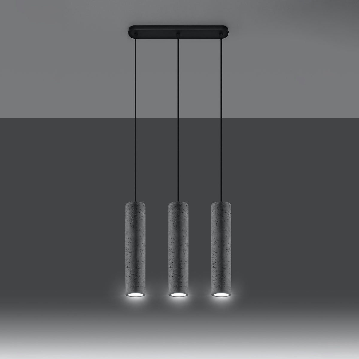 Suspension Luvo trois tubes en béton gris allumée faisceaux dirigés vers le bas