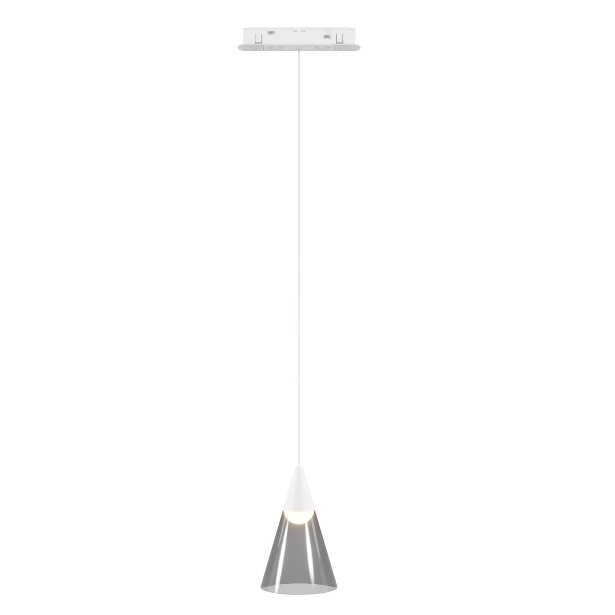 Suspension à cône de verre fumé sur rail Magnetic métal blanc allumée sous son adaptateur blanc