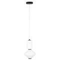 Suspension Akiko 2 globes détourée cylindre et toupie en verre blanc dépoli bagues et rosace en métal noir