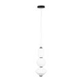 Suspension Akiko trois verres blancs cylindre sphère et toupie séparés par des bagues noires sous une rosace noire