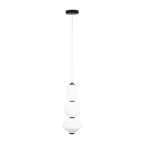 Suspension Akiko trois verres blancs cylindre sphère et toupie séparés par des bagues noires sous une rosace noire
