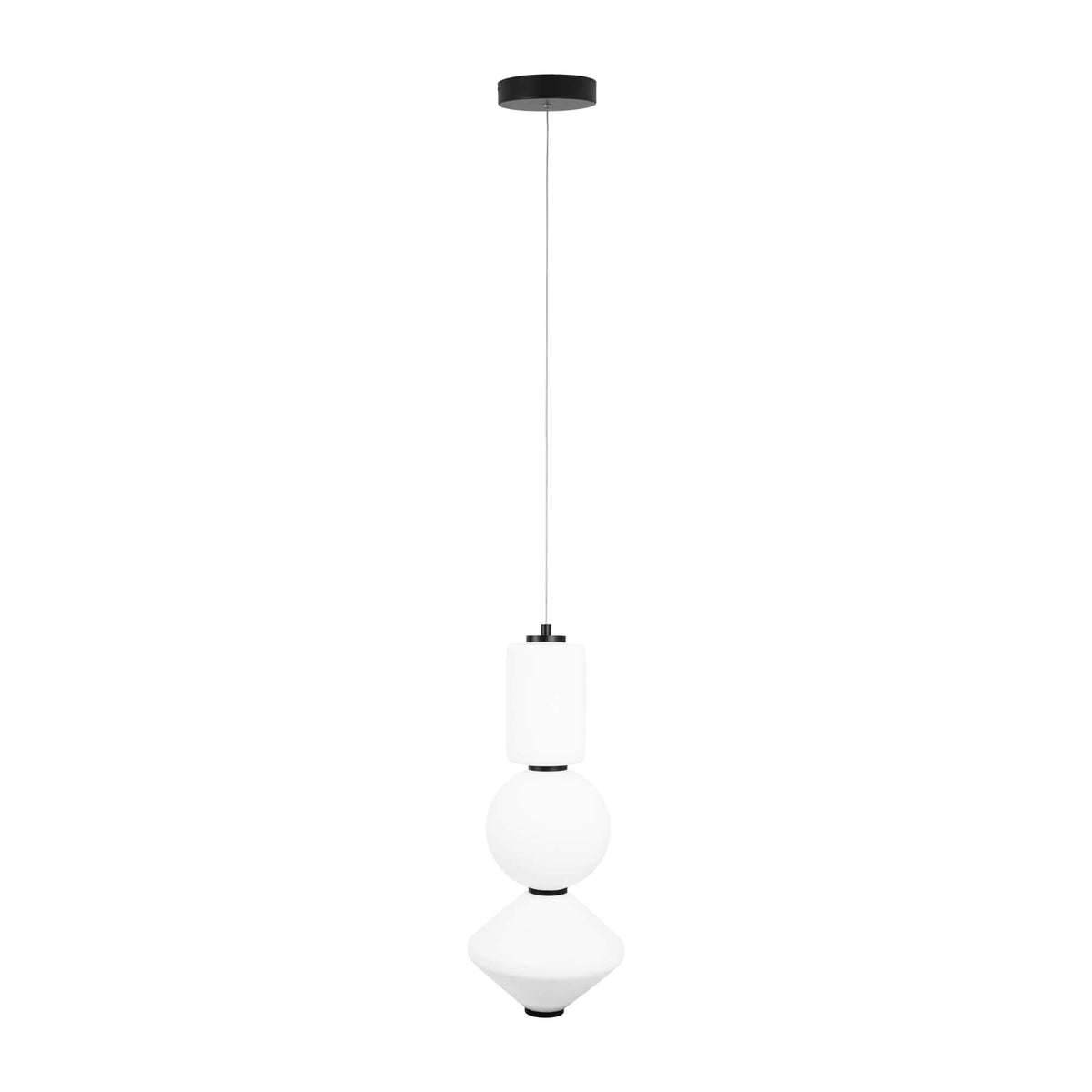 Suspension Akiko trois verres blancs cylindre sphère et toupie séparés par des bagues noires sous une rosace noire