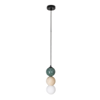 Suspension Alice malachite sur fond blanc avec rosace noire fin câble et trois sphères de pierre verte de pierre beige et de verre opale