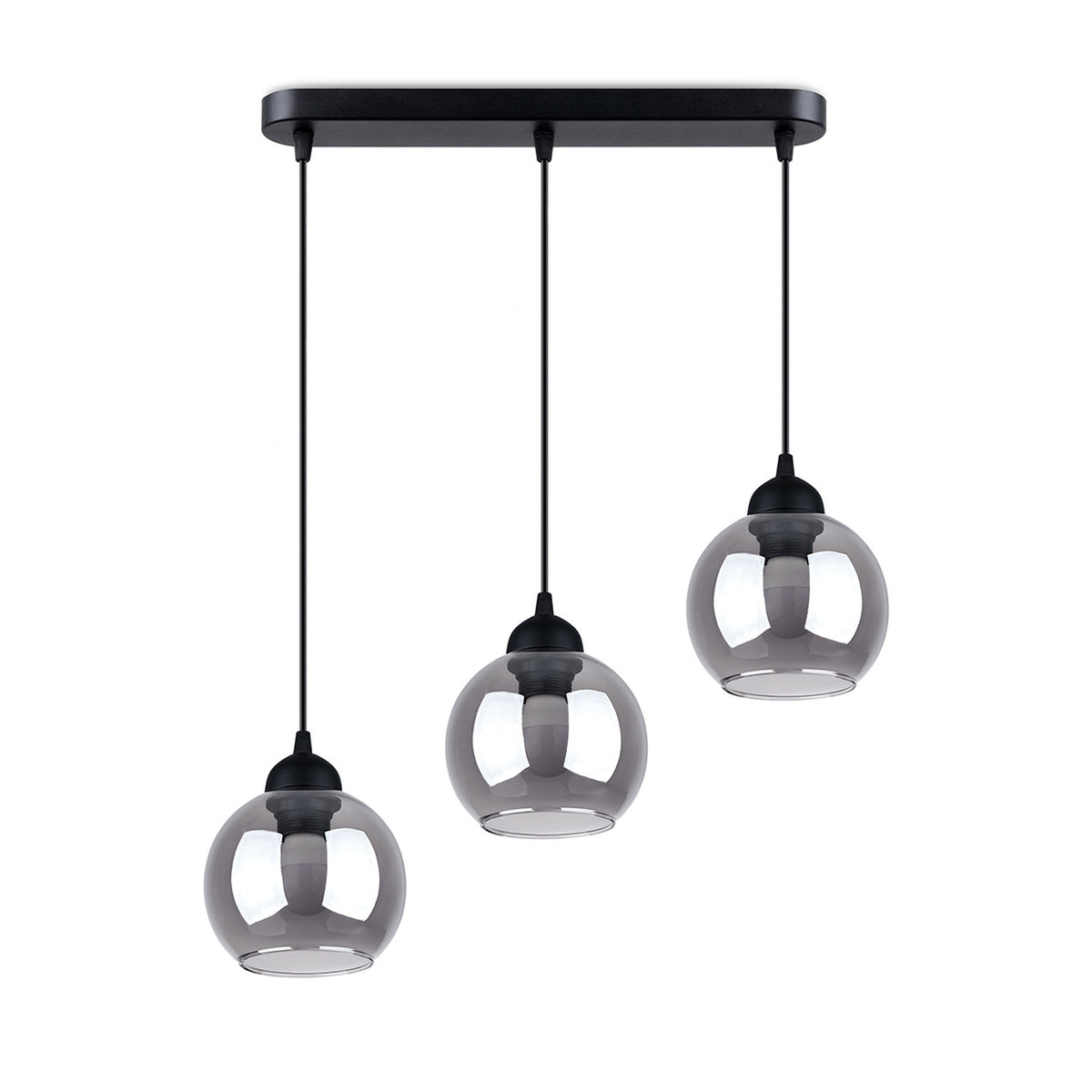 Suspension Alino trois globes en verre fumé à hauteurs décalées sous une rosace oblongue noire