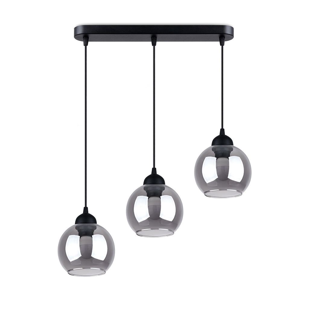 Suspension Alino 3 verre fumé E27, trois globes de verre fumé sous une barre d'acier noir, ampoules E27 apparentes