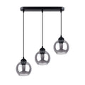 Suspension Alino 3 verre fumé E27, trois globes de verre fumé sous une barre d'acier noir, ampoules E27 apparentes