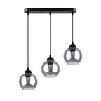 Suspension Alino 3 verre fumé E27, trois globes de verre fumé sous une barre d'acier noir, ampoules E27 apparentes