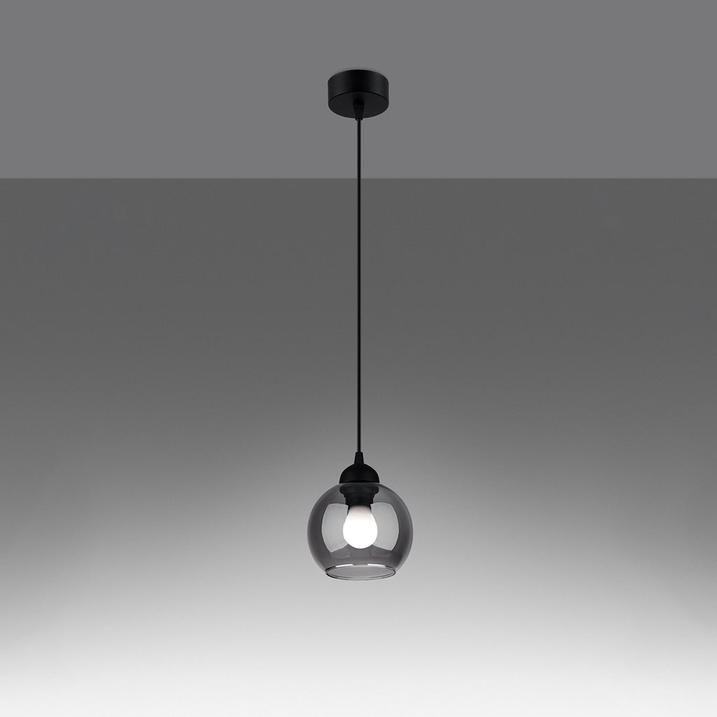 Suspension Alino verre fumé E27 allumée, ampoule E27 apparente