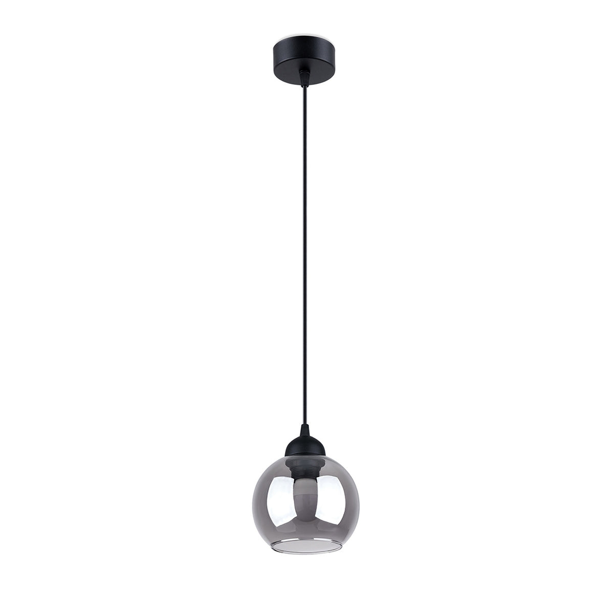 Suspension Alino avec globe en verre fumé ouvert en bas câble noir et rosace ronde noire sur fond blanc