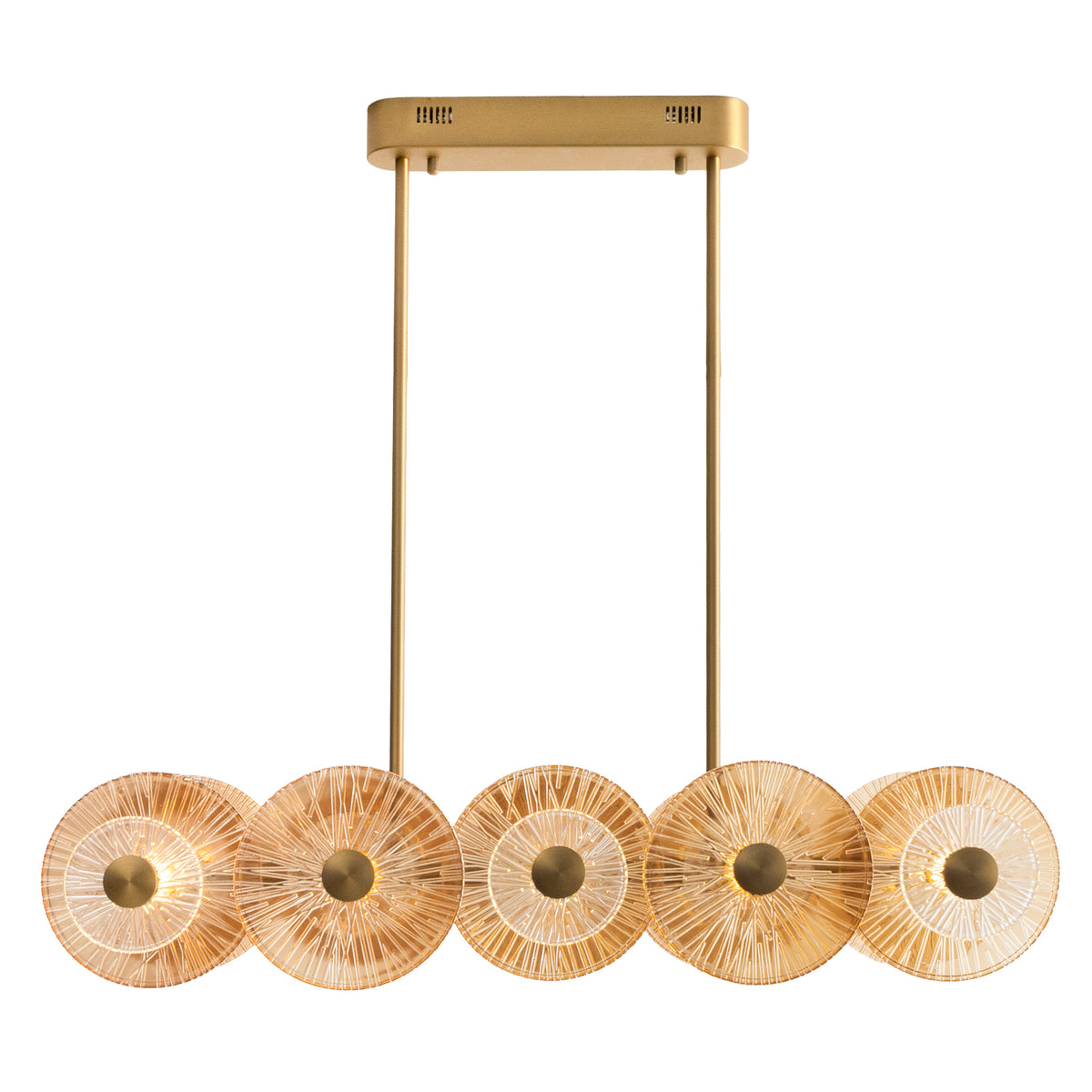 Suspension Allure linéaire barre dorée mate garnie de disques de verre strié ambré et transparent