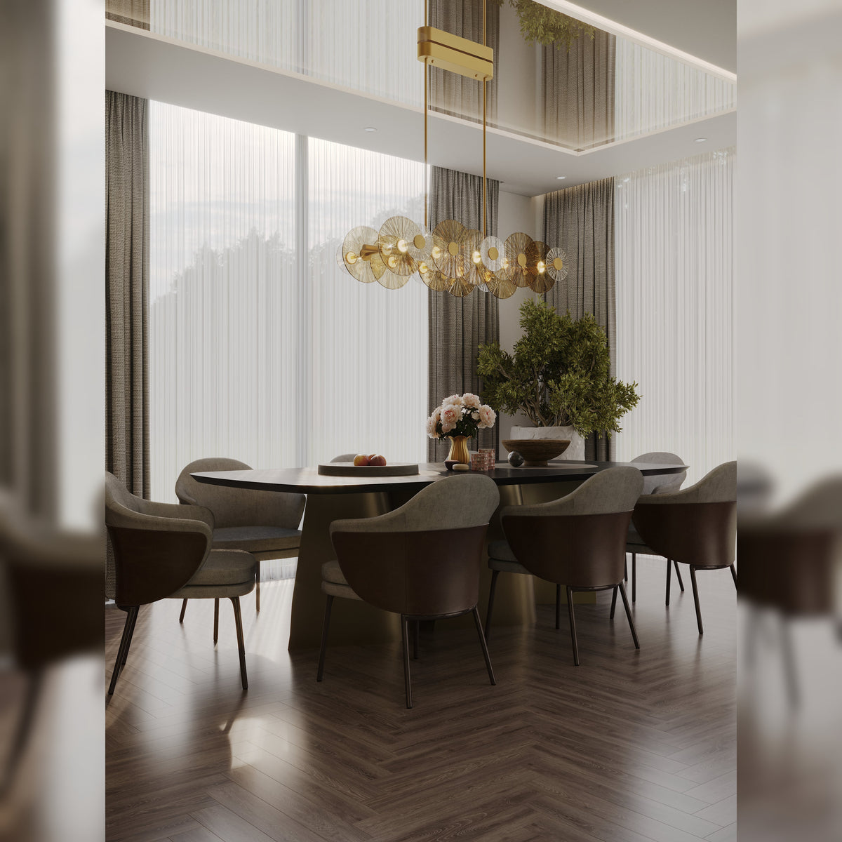 Suspension Allure linéaire allumée au-dessus d'une grande table à manger devant une baie vitrée
